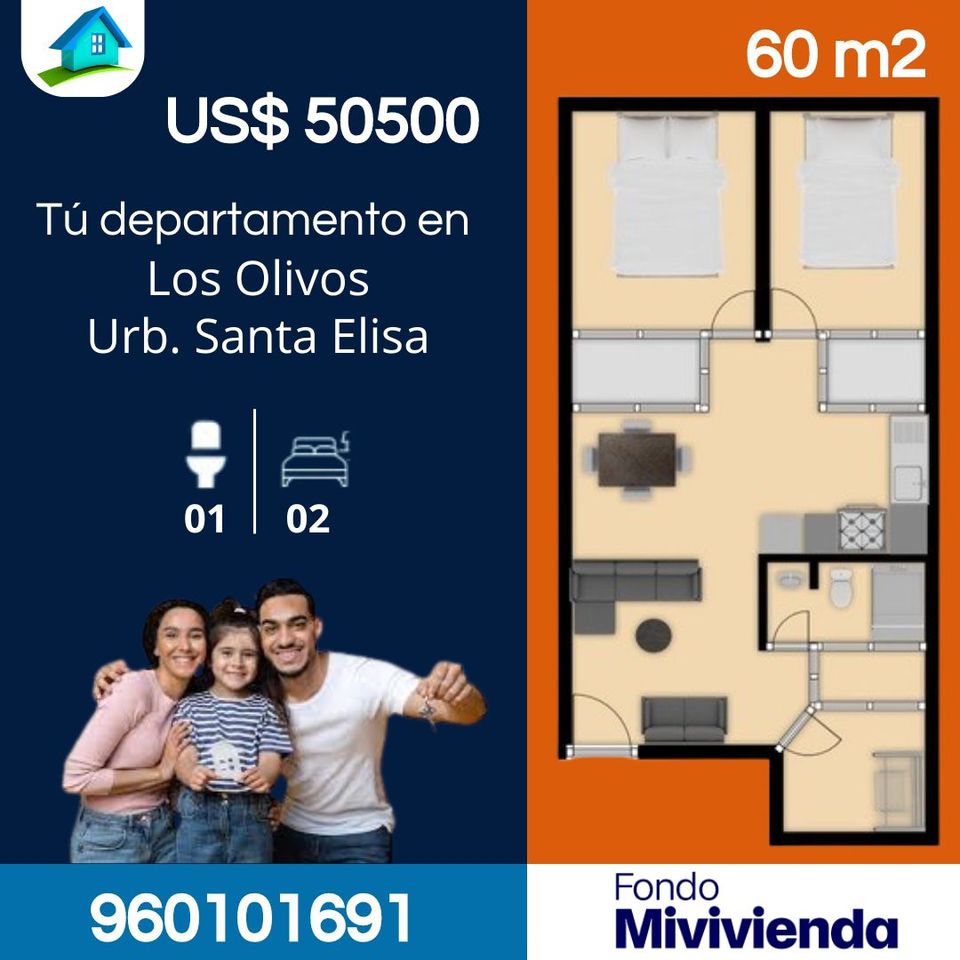 Venta de Departamento en Los Olivos, Lima 60m2 area total